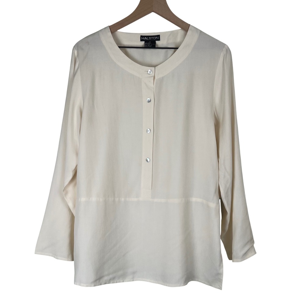 Halston Women‎ Ivory 100% Silk NWT Henley Button Front Blouse Size 10
